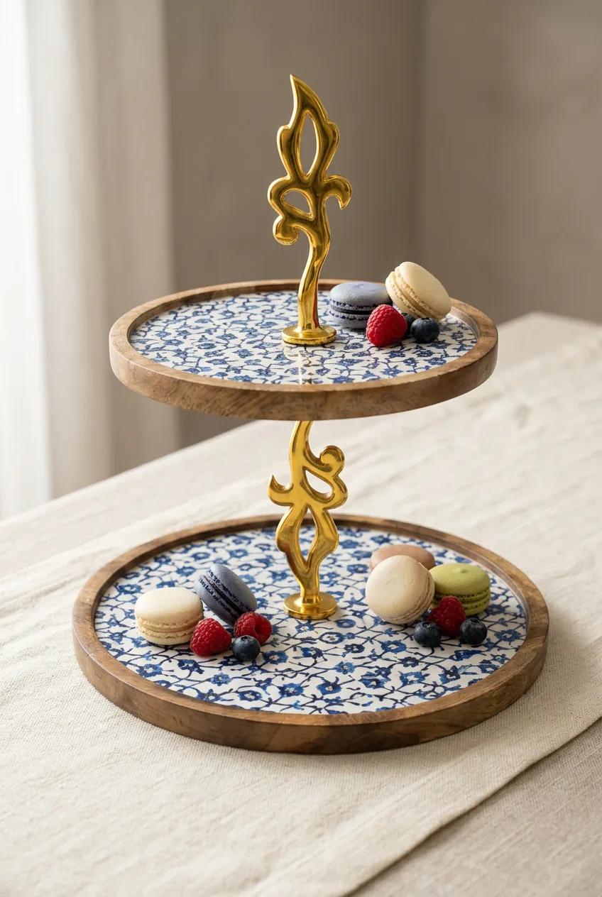 Double Layer Dessert Stand in Indigo Vine design