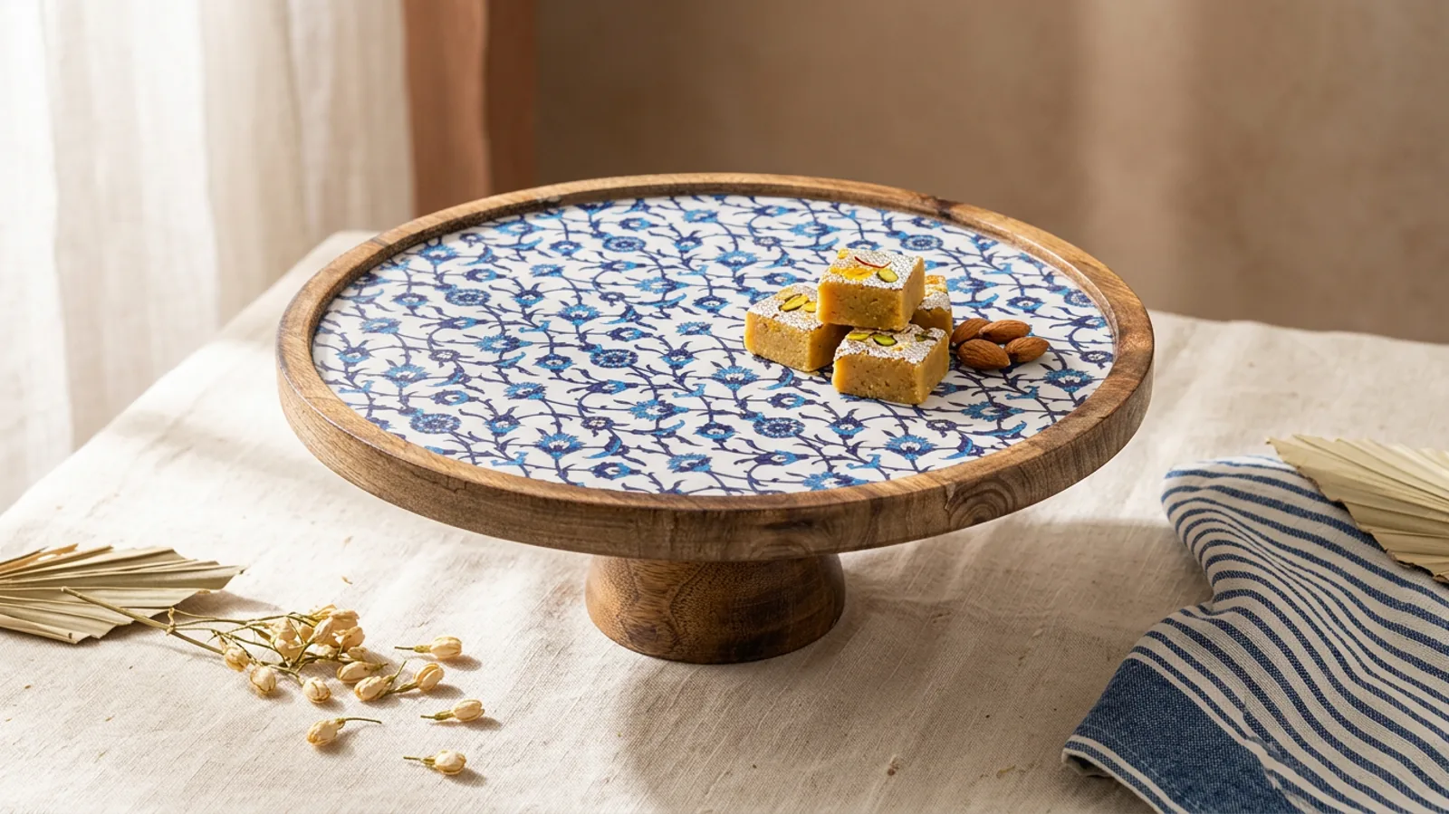 Single Layer Dessert Stand in Indigo Vine design