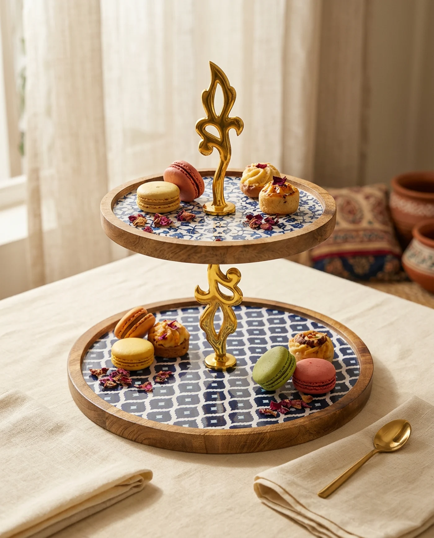 Double Layer Dessert Stand in Indigo Ikat design