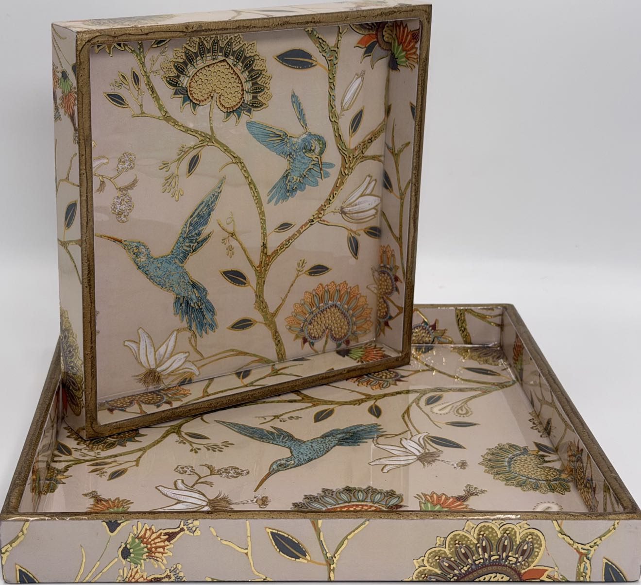 2 PC Tray Set (SMSQ) in the Peacock Garden design