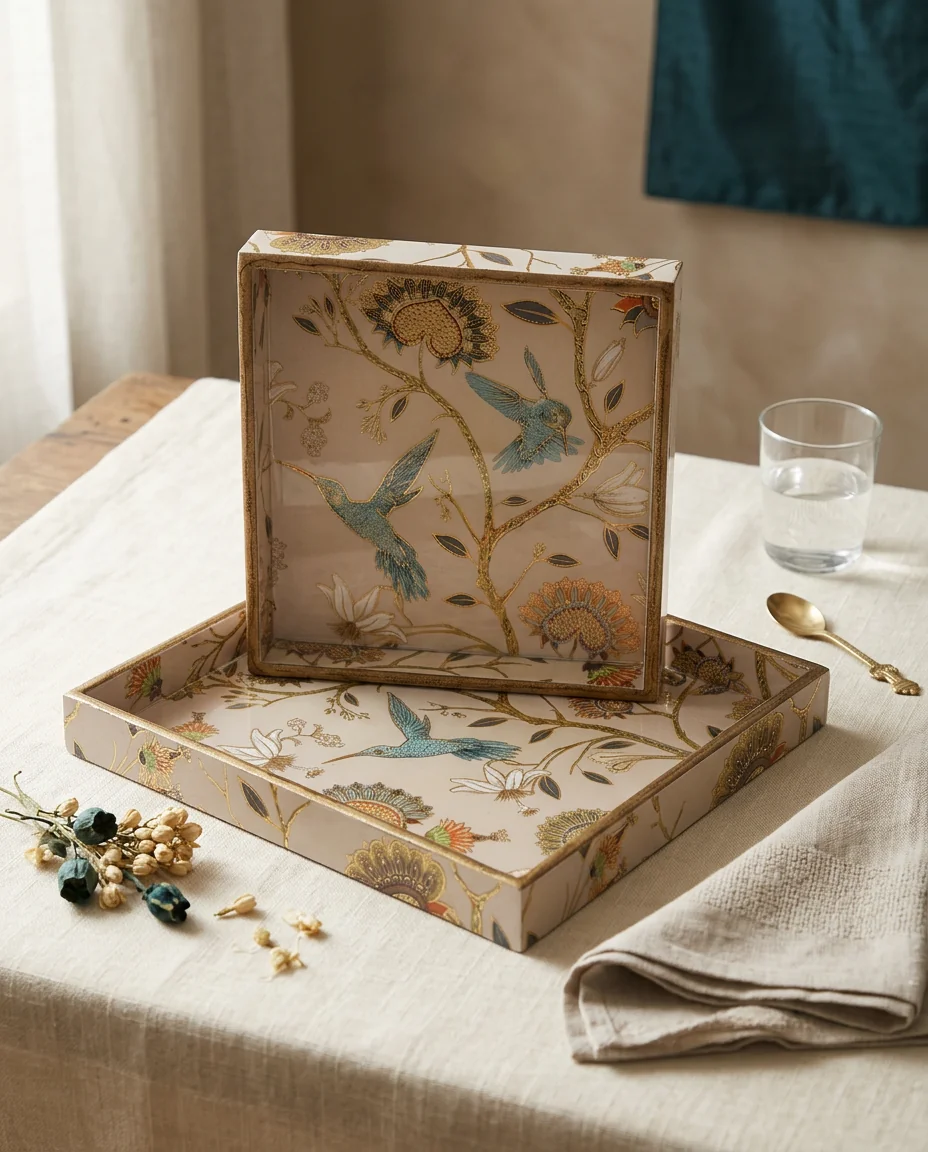 2 PC Tray Set (SMSQ) in Peacock Garden design
