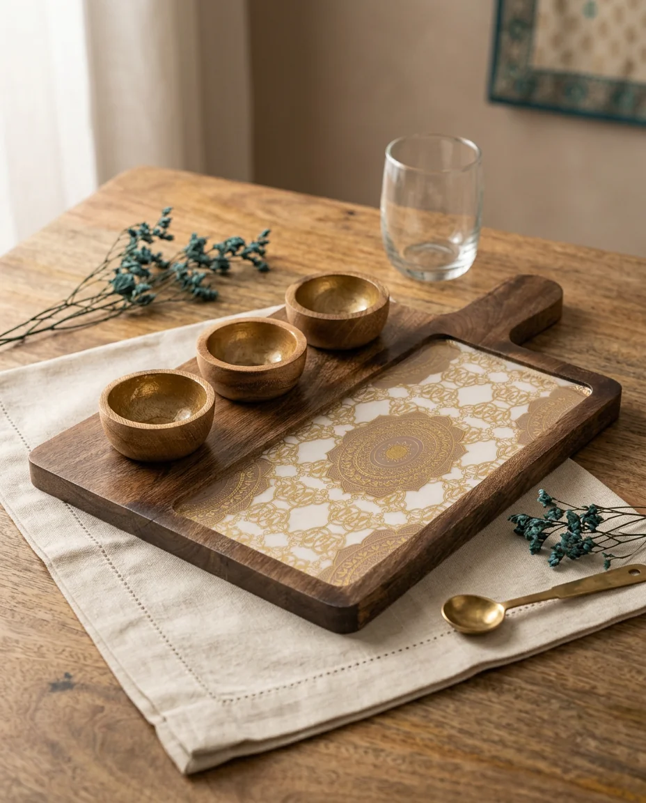 Hand-applied Taj artwork on a solid wood 3 Bowl Platter with brass-toned bowls
