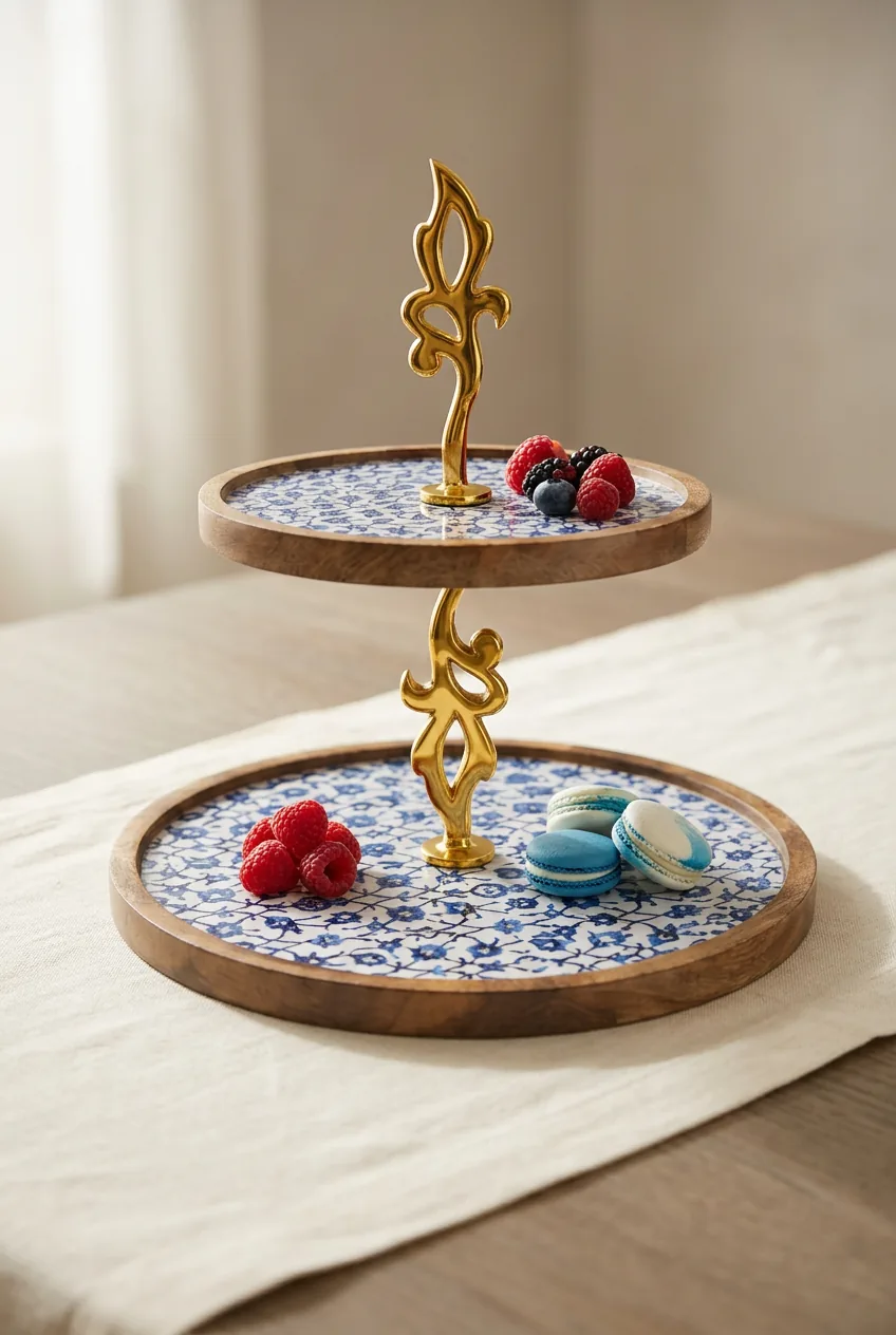 Double Layer Dessert Stand in Blue Paisley design