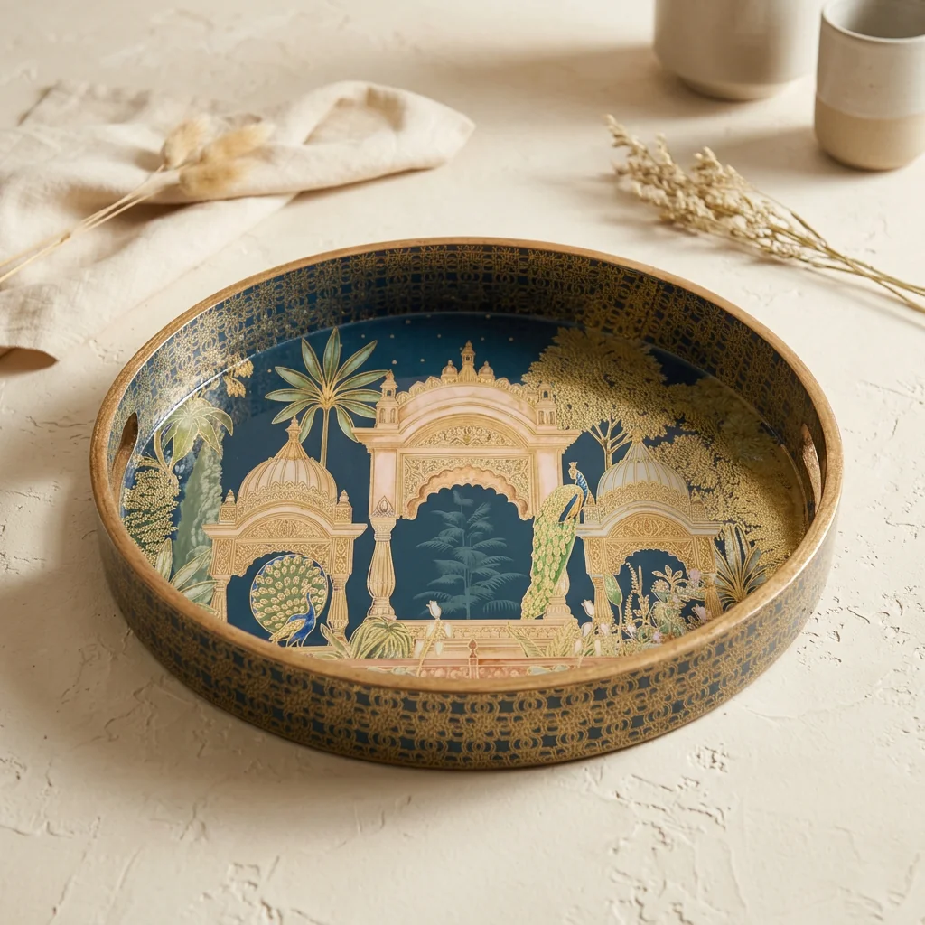 Round Tray (SL) 12" in the Mehraab design, hand-painted in teal and gold