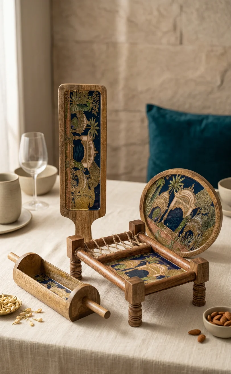 Khatiya Platter Set in the Mehraab design, styled with linen and snacks