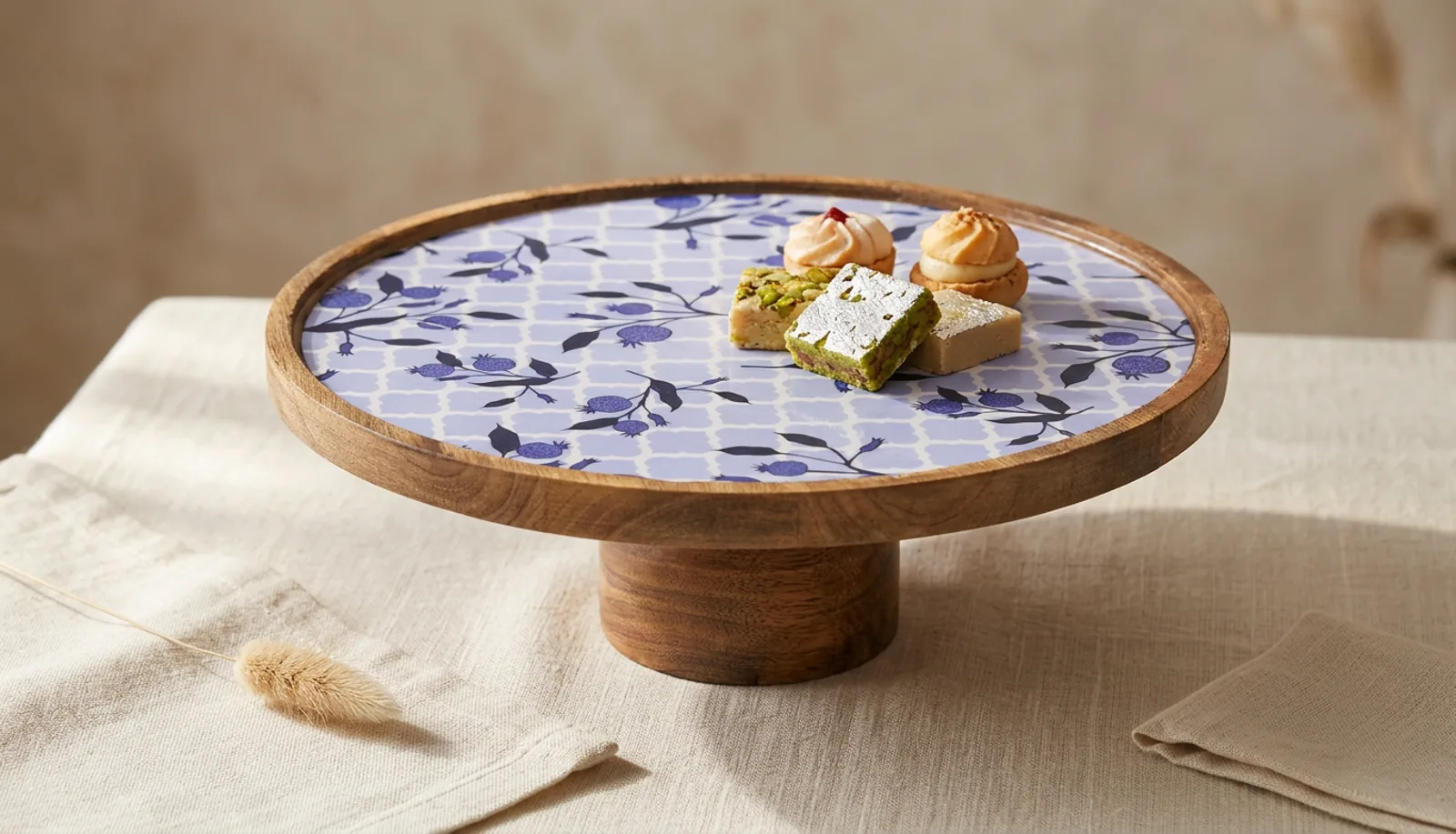 Single Layer Dessert Stand in Blue Trellis design