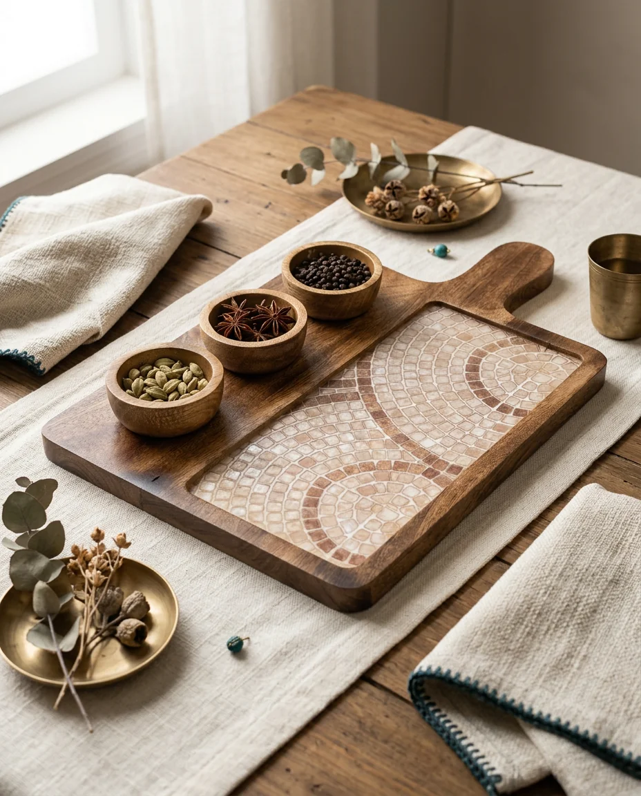 3 Bowl Platter in the Mother of Pearl design, served with turned wooden bowls