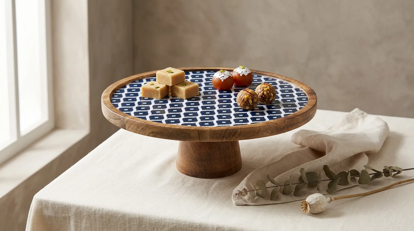 Single Layer Dessert Stand in Indigo Ikat design