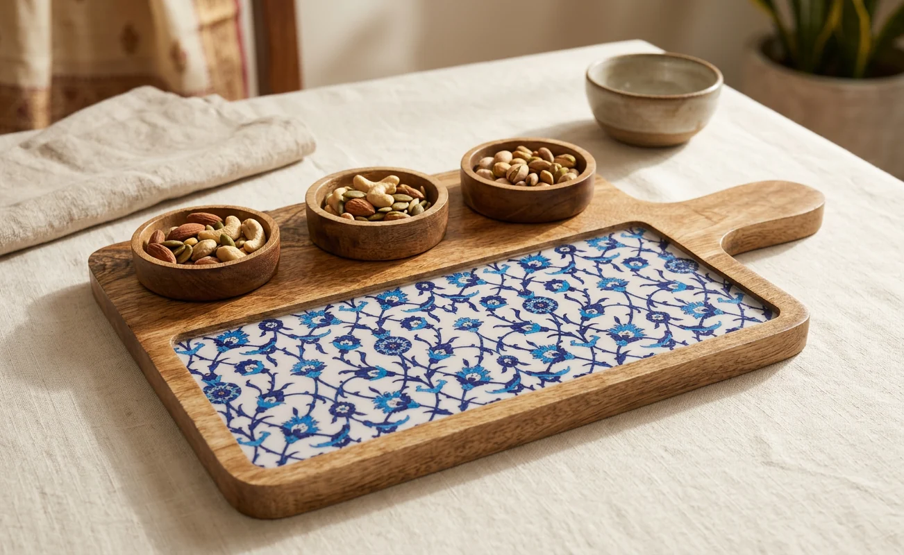3 Bowl Platter in Indigo Vine design