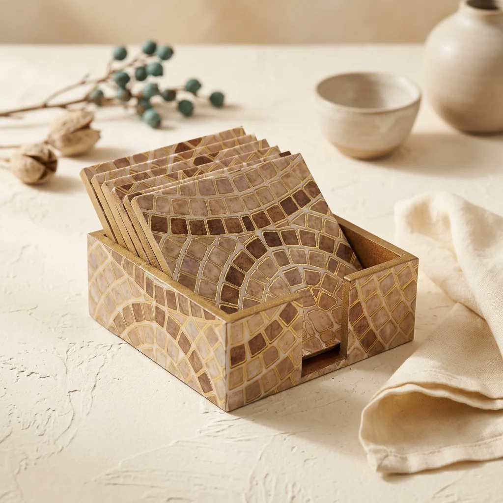 Mother of Pearl coaster set in its wooden holder on a linen-dressed table